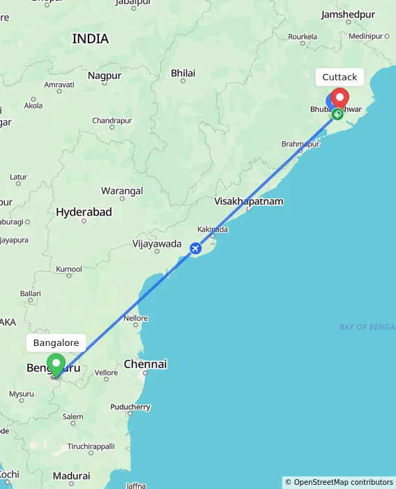 Route map showing distance and travel time from Bangalore, India to Cuttack, India