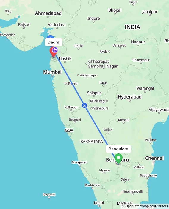 Route map showing distance and travel time from Bangalore, India to Dadra, India