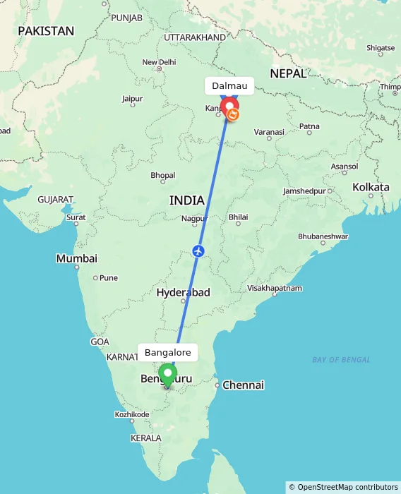 Route map showing distance and travel time from Bangalore, India to Dalmau, India