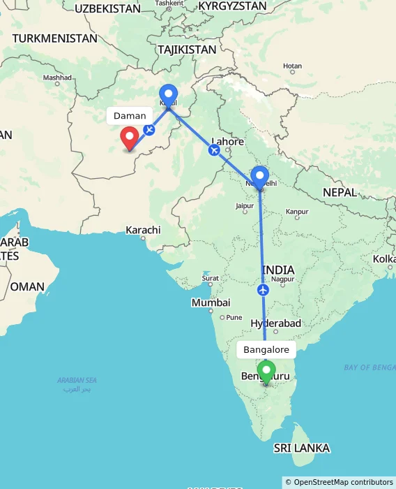 Route map showing distance and travel time from Bangalore, India to Daman, Afghanistan