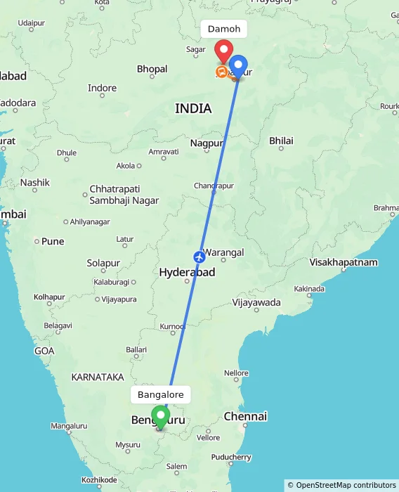 Route map showing distance and travel time from Bangalore, India to Damoh, India