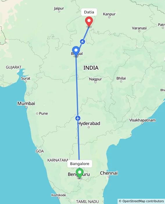Route map showing distance and travel time from Bangalore, India to Datia, India