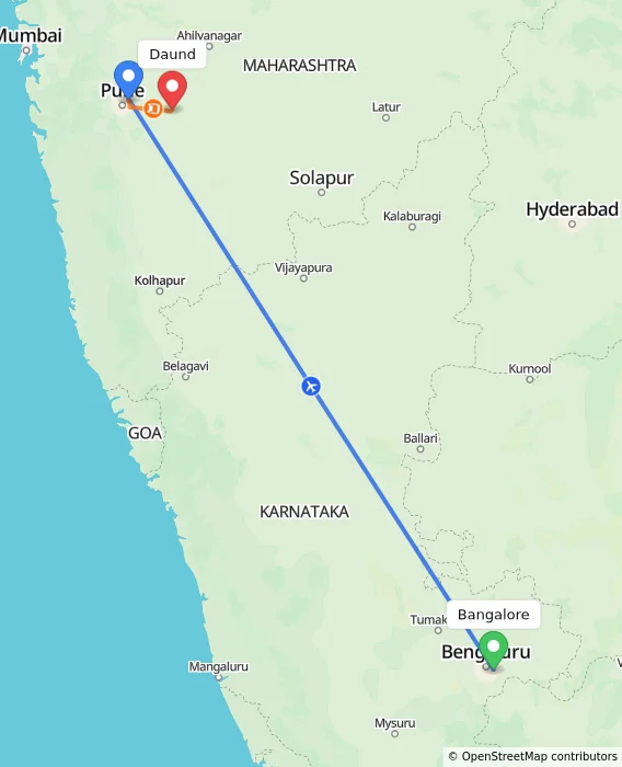 Route map showing distance and travel time from Bangalore, India to Daund, India
