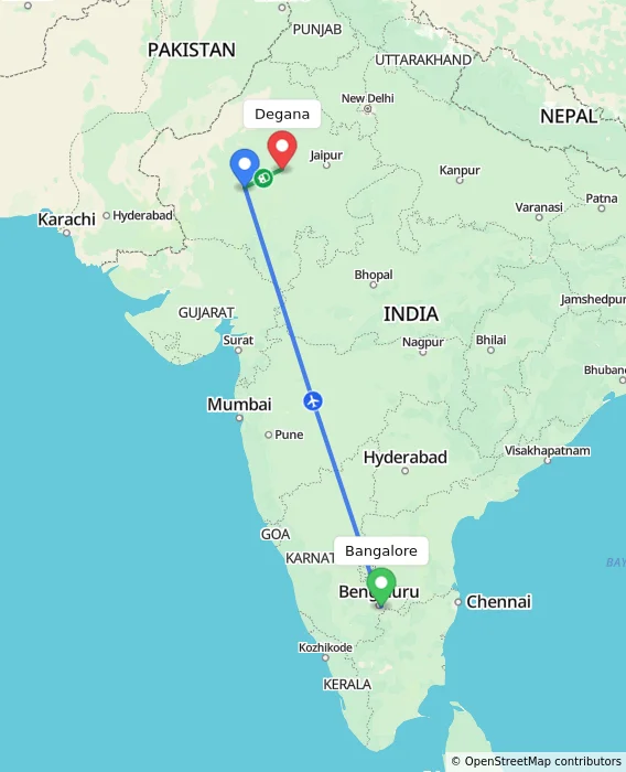 Route map showing distance and travel time from Bangalore, India to Degana, India