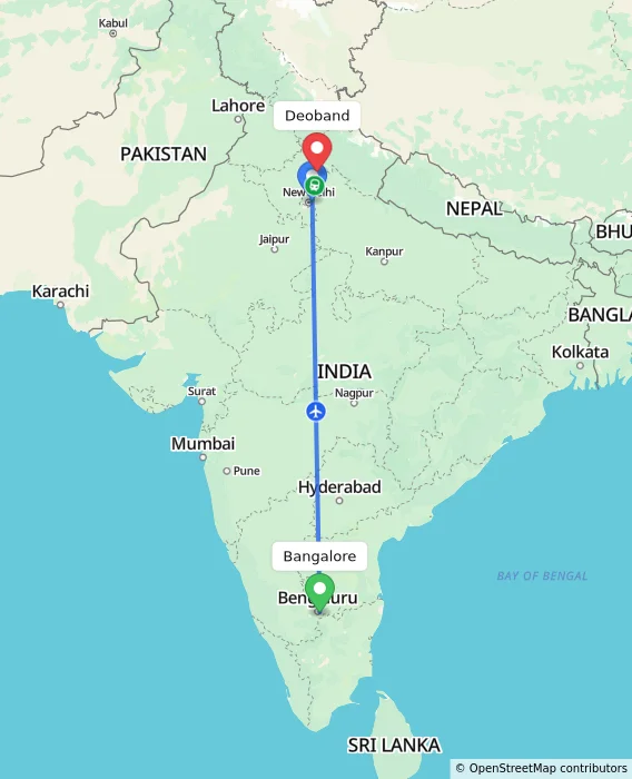 Route map showing distance and travel time from Bangalore, India to Deoband, India