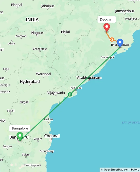 Route map showing distance and travel time from Bangalore, India to Deogarh, India