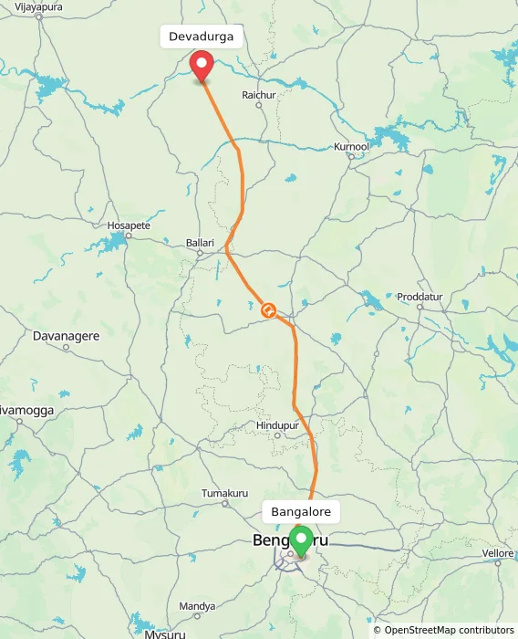 Route map showing distance and travel time from Bangalore, India to Devadurga, India