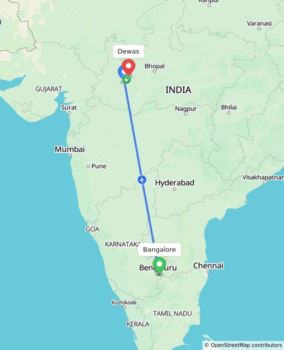 Route map showing distance and travel time from Bangalore, India to Dewas, India