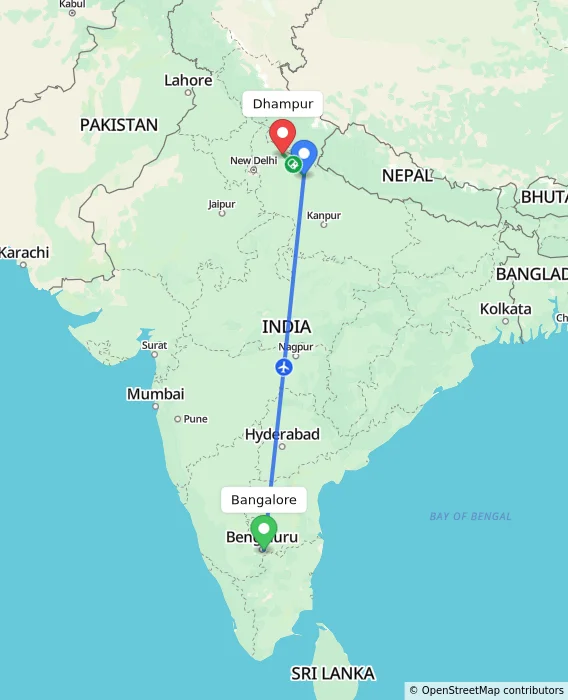 Route map showing distance and travel time from Bangalore, India to Dhampur, India