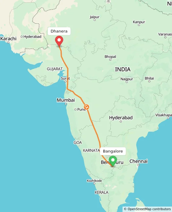 Route map showing distance and travel time from Bangalore, India to Dhanera, India