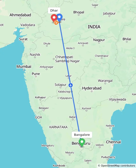 Route map showing distance and travel time from Bangalore, India to Dhar, India