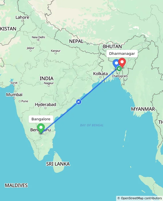Route map showing distance and travel time from Bangalore, India to Dharmanagar, India