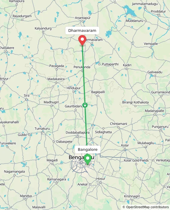 Route map showing distance and travel time from Bangalore, India to Dharmavaram, India