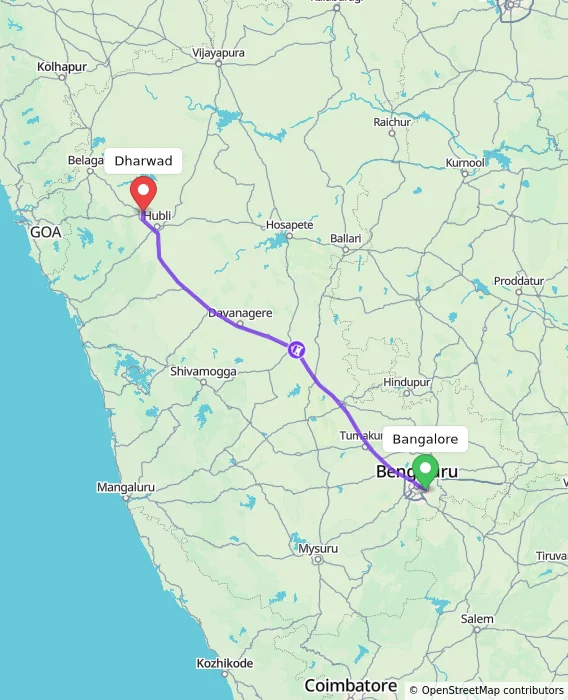 Route map showing distance and travel time from Bangalore, India to Dharwad, India