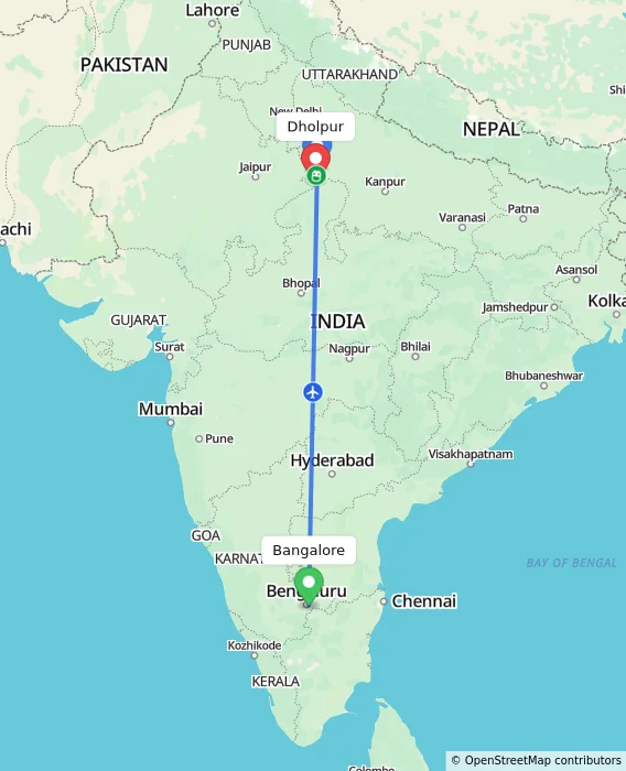 Route map showing distance and travel time from Bangalore, India to Dholpur, India