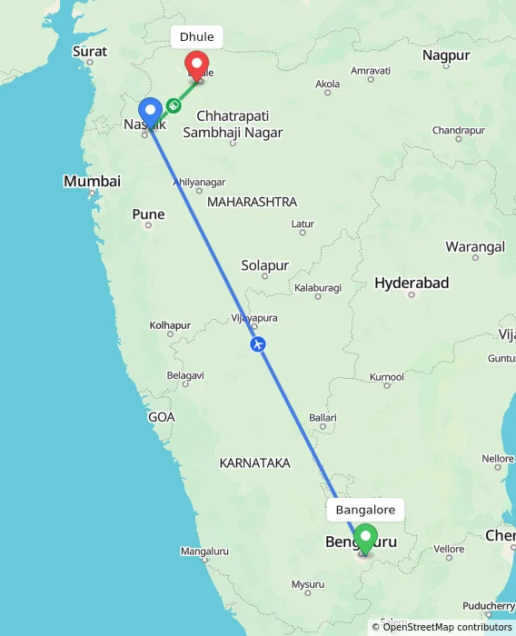 Route map showing distance and travel time from Bangalore, India to Dhule, India