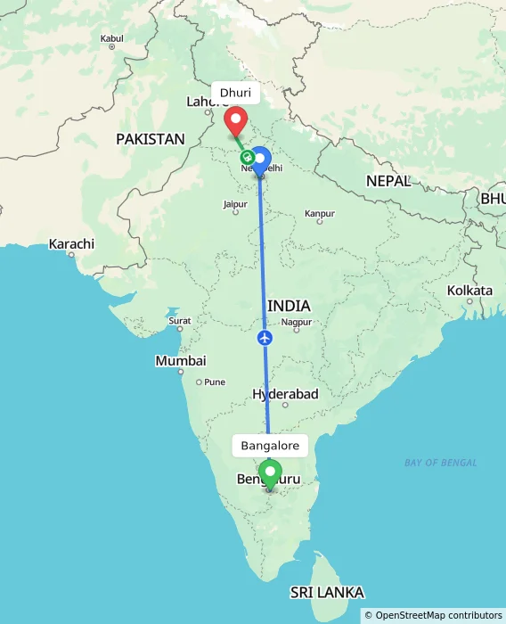 Route map showing distance and travel time from Bangalore, India to Dhuri, India