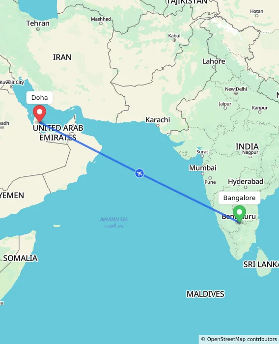 Route map showing distance and travel time from Bangalore, India to Doha, Qatar