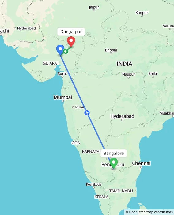 Route map showing distance and travel time from Bangalore, India to Dungarpur, India