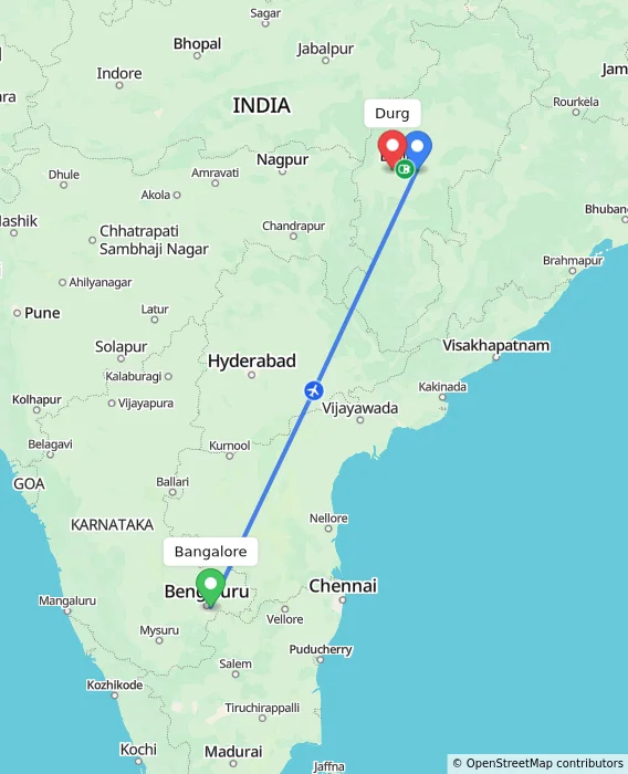 Route map showing distance and travel time from Bangalore, India to Durg, India