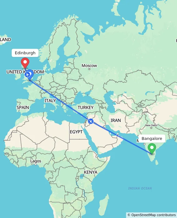 Route map showing distance and travel time from Bangalore, India to Edinburgh, United Kingdom