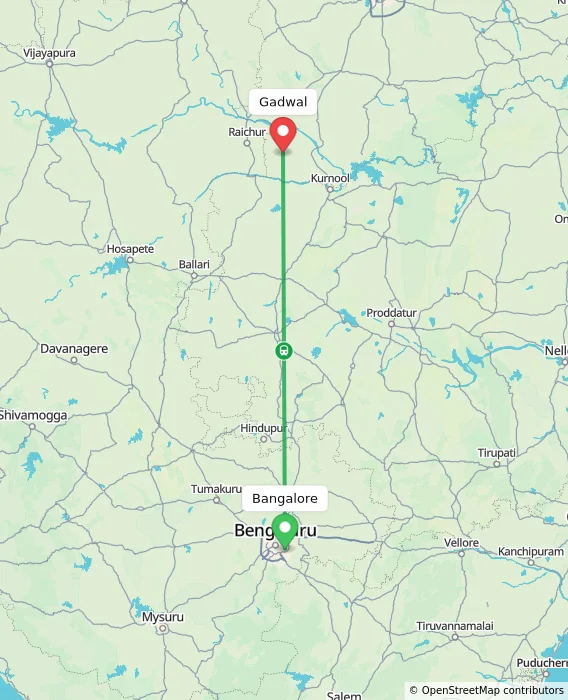 Route map showing distance and travel time from Bangalore, India to Gadwal, India