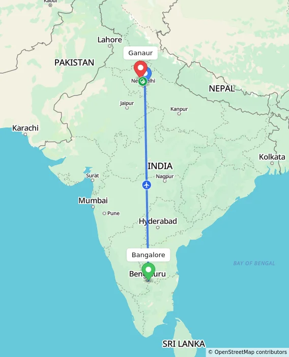 Route map showing distance and travel time from Bangalore, India to Ganaur, India
