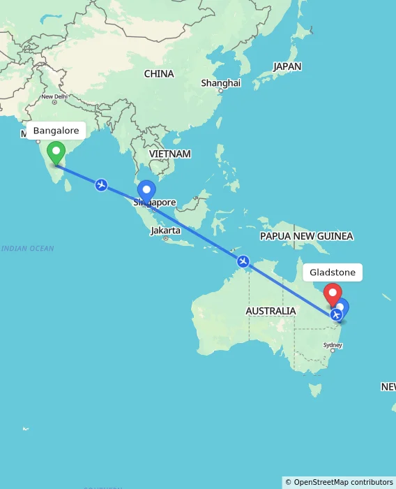 Route map showing distance and travel time from Bangalore, India to Gladstone, Australia