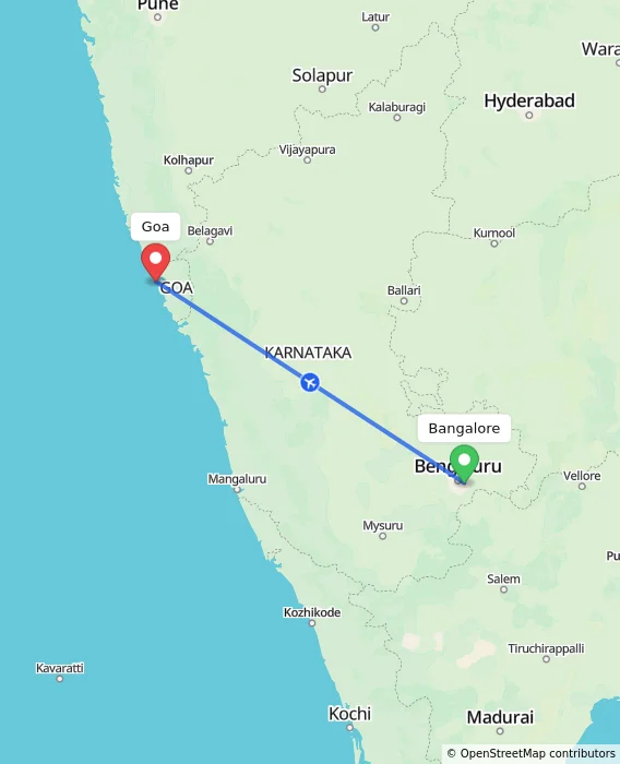 Route map showing distance and travel time from Bangalore, India to Goa, India
