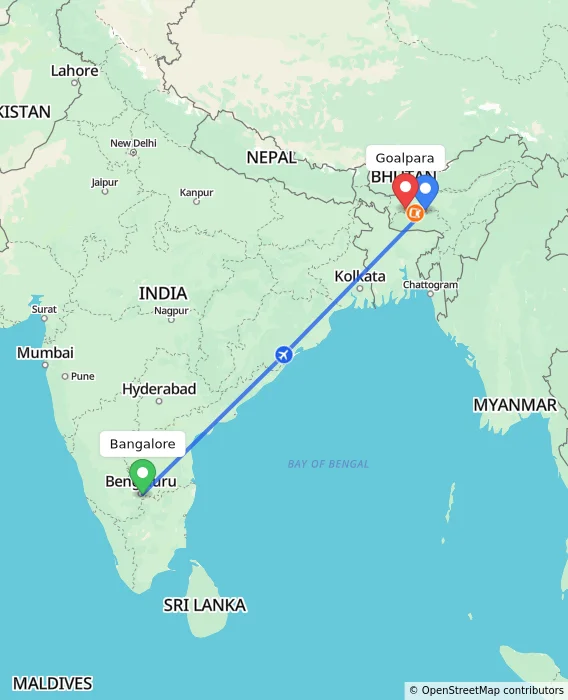 Route map showing distance and travel time from Bangalore, India to Goalpara, India