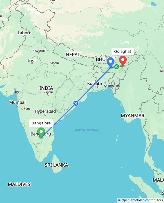 Route map showing distance and travel time from Bangalore, India to Golaghat, India