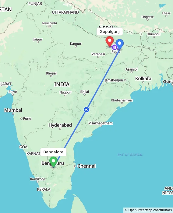 Route map showing distance and travel time from Bangalore, India to Gopalganj, India