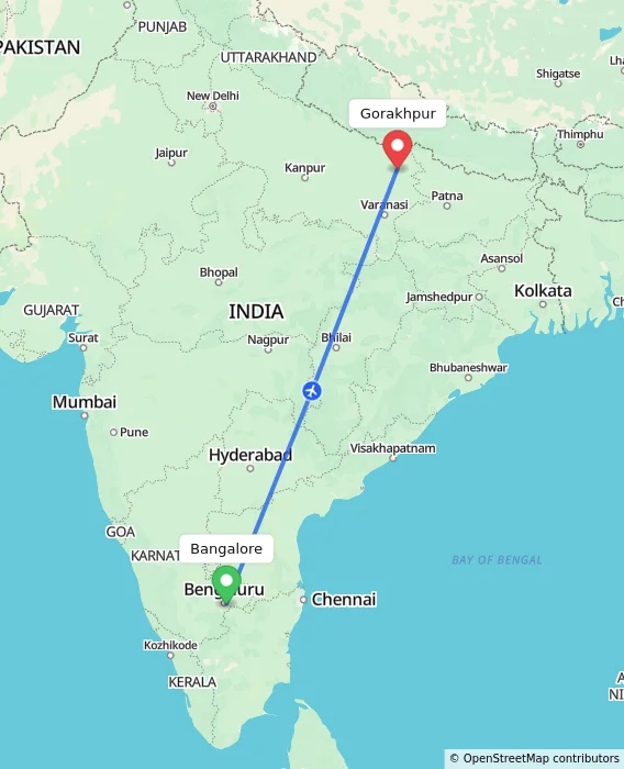 Route map showing distance and travel time from Bangalore, India to Gorakhpur, India