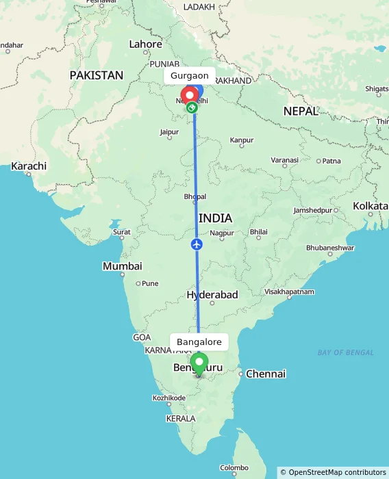 Route map showing distance and travel time from Bangalore, India to Gurgaon, India