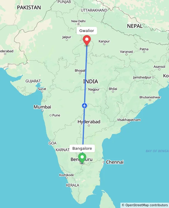 Route map showing distance and travel time from Bangalore, India to Gwalior, India