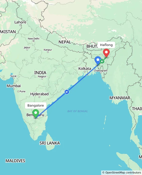 Route map showing distance and travel time from Bangalore, India to Haflong, India