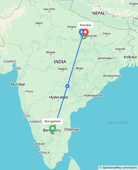Route map showing distance and travel time from Bangalore, India to Handia, India