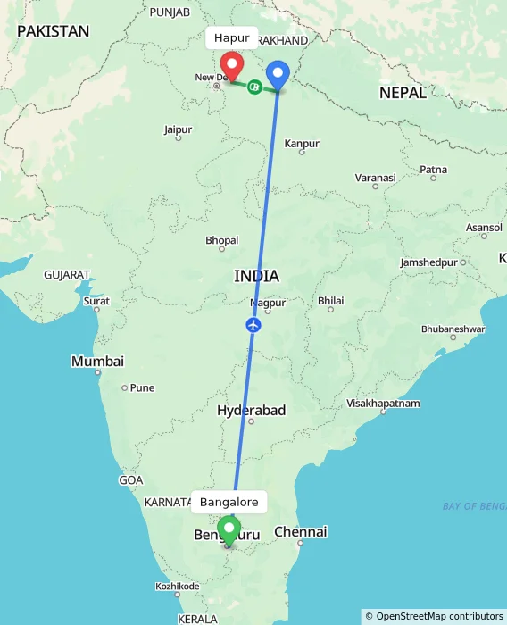 Route map showing distance and travel time from Bangalore, India to Hapur, India