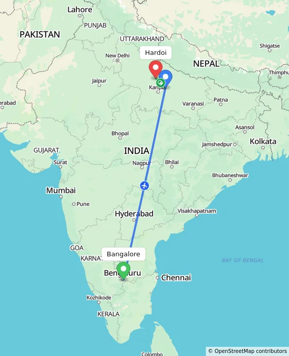 Route map showing distance and travel time from Bangalore, India to Hardoi, India