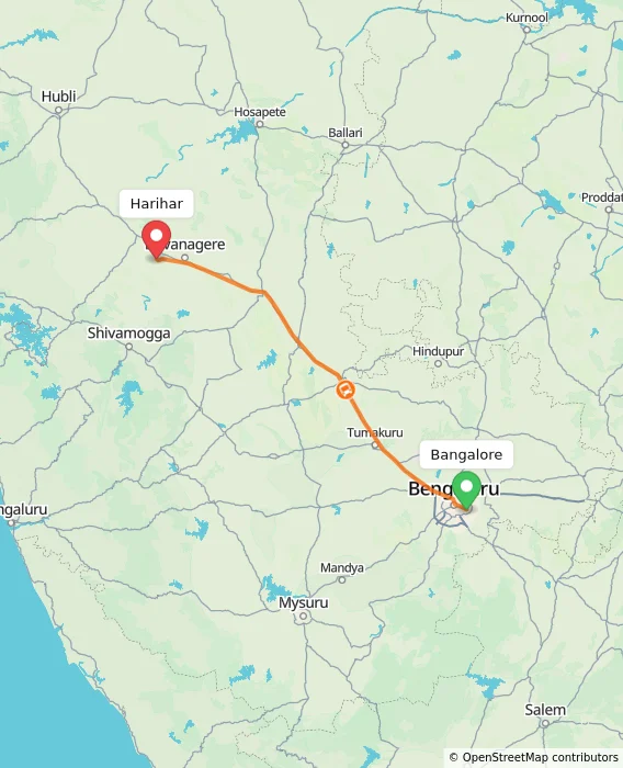 Route map showing distance and travel time from Bangalore, India to Harihar, India