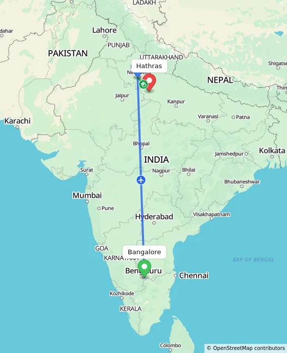 Route map showing distance and travel time from Bangalore, India to Hathras, India