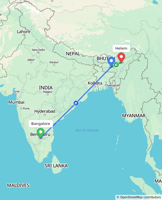 Route map showing distance and travel time from Bangalore, India to Helem, India