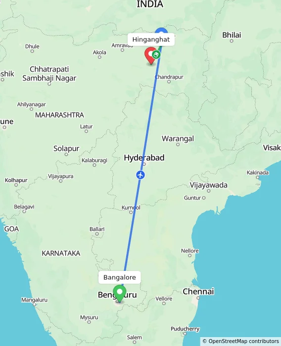 Route map showing distance and travel time from Bangalore, India to Hinganghat, India