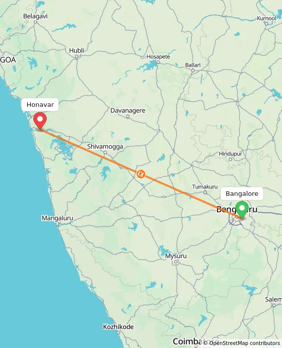 Route map showing distance and travel time from Bangalore, India to Honavar, India
