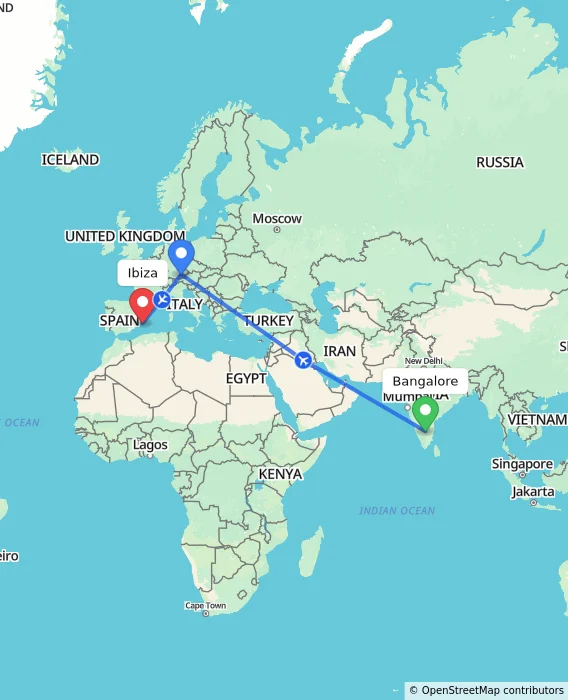 Route map showing distance and travel time from Bangalore, India to Ibiza, Spain