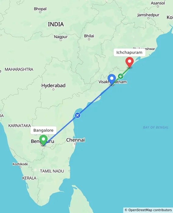 Route map showing distance and travel time from Bangalore, India to Ichchapuram, India