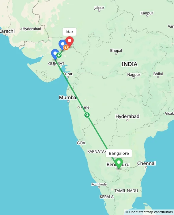Route map showing distance and travel time from Bangalore, India to Idar, India