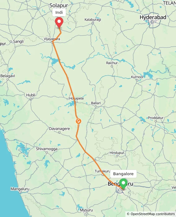 Route map showing distance and travel time from Bangalore, India to Indi, India