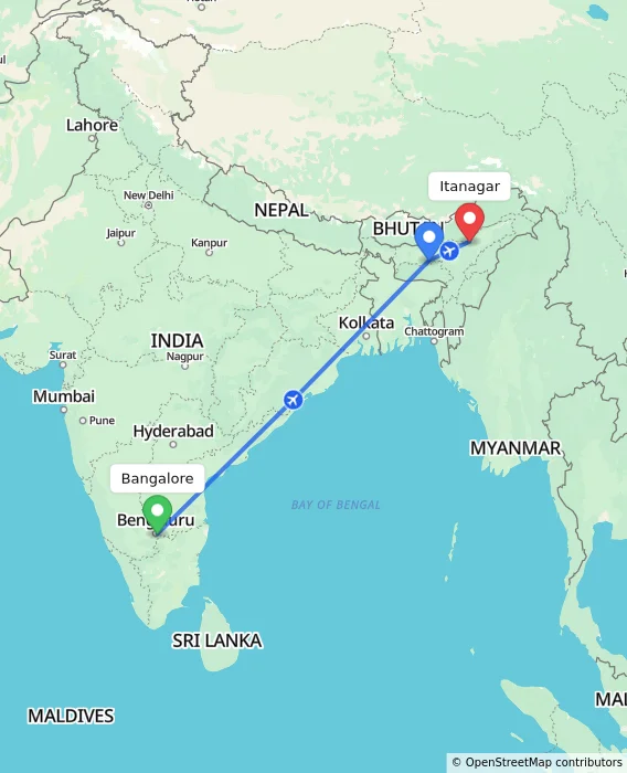 Route map showing distance and travel time from Bangalore, India to Itanagar, India