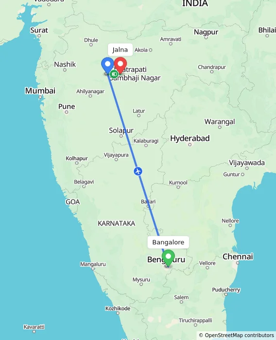 Route map showing distance and travel time from Bangalore, India to Jalna, India